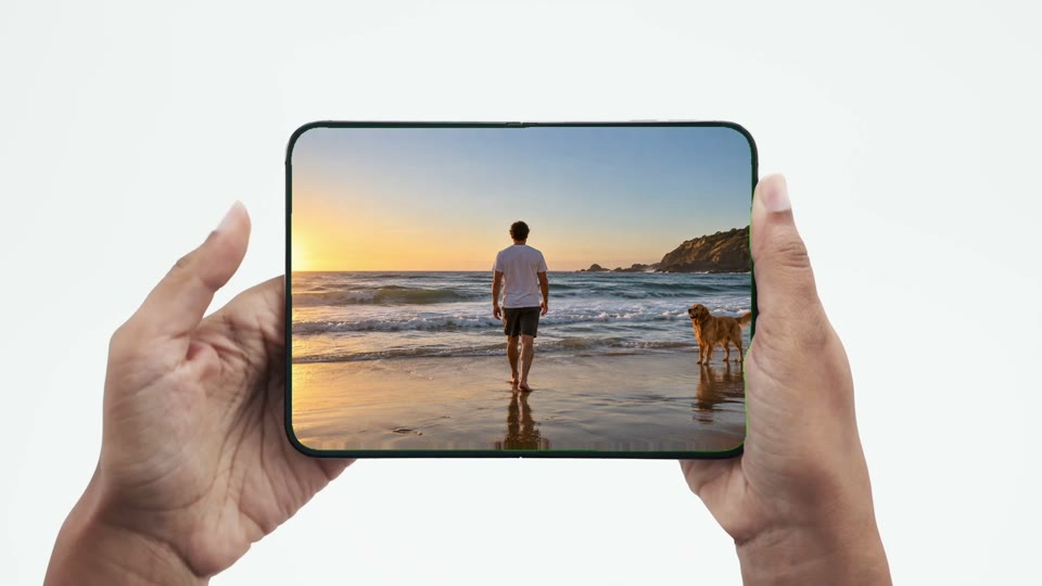 A folding phone opening into a landscape photo