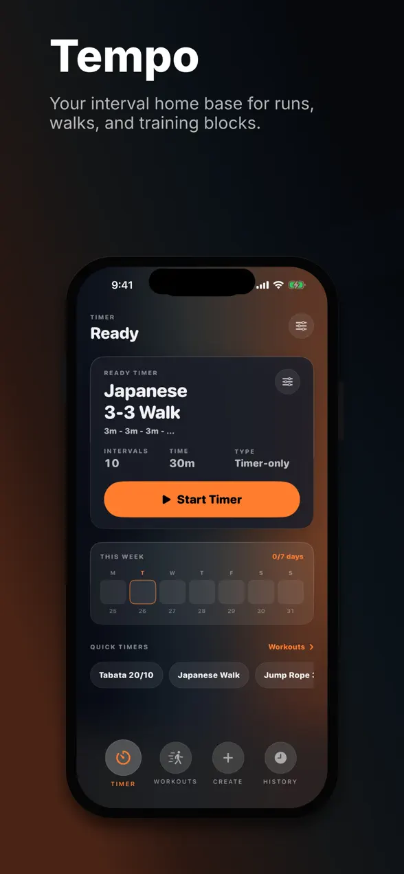 Tempo interval timer home screen on iPhone