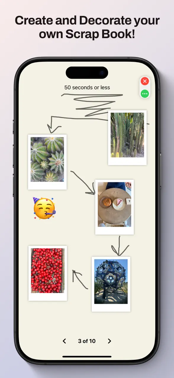 ScrapIt Puzzles decorating a digital scrapbook on iPhone