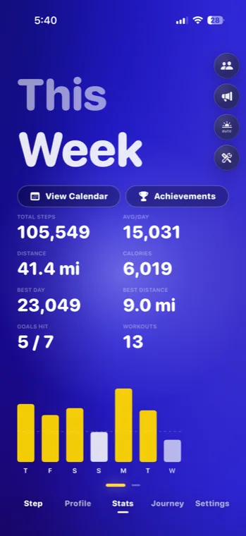 Simply Step weekly stats screen on iPhone