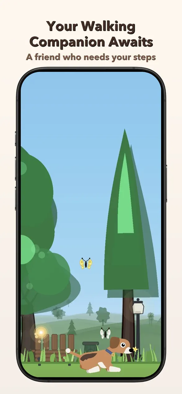 StepPup home screen with a virtual dog on iPhone