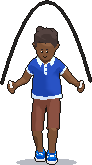 The character jumping rope in a blue polo