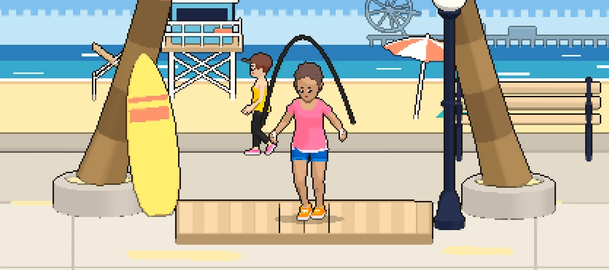 The character jumping rope on the Venice Beach stage, with a lifeguard tower, palms and the Ferris wheel