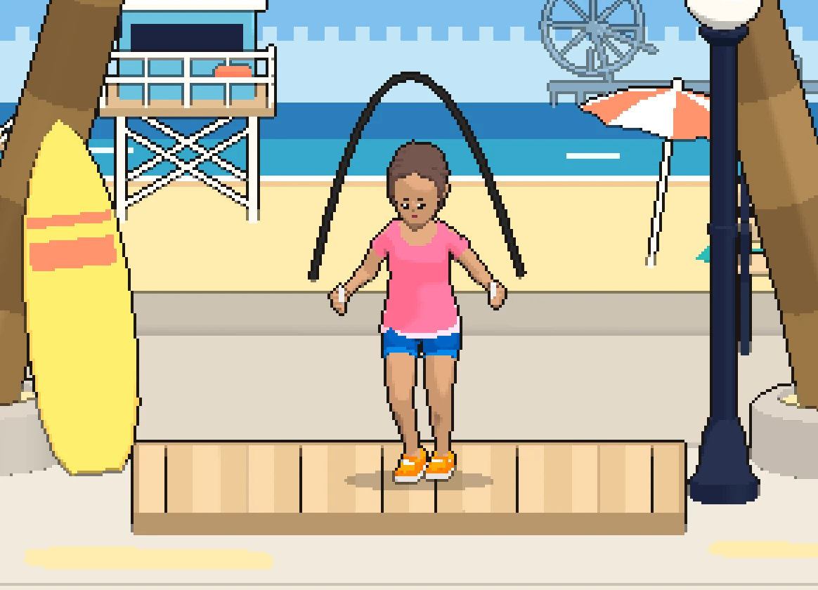 The Simply Jump pixel character jumping rope on the Venice Beach stage