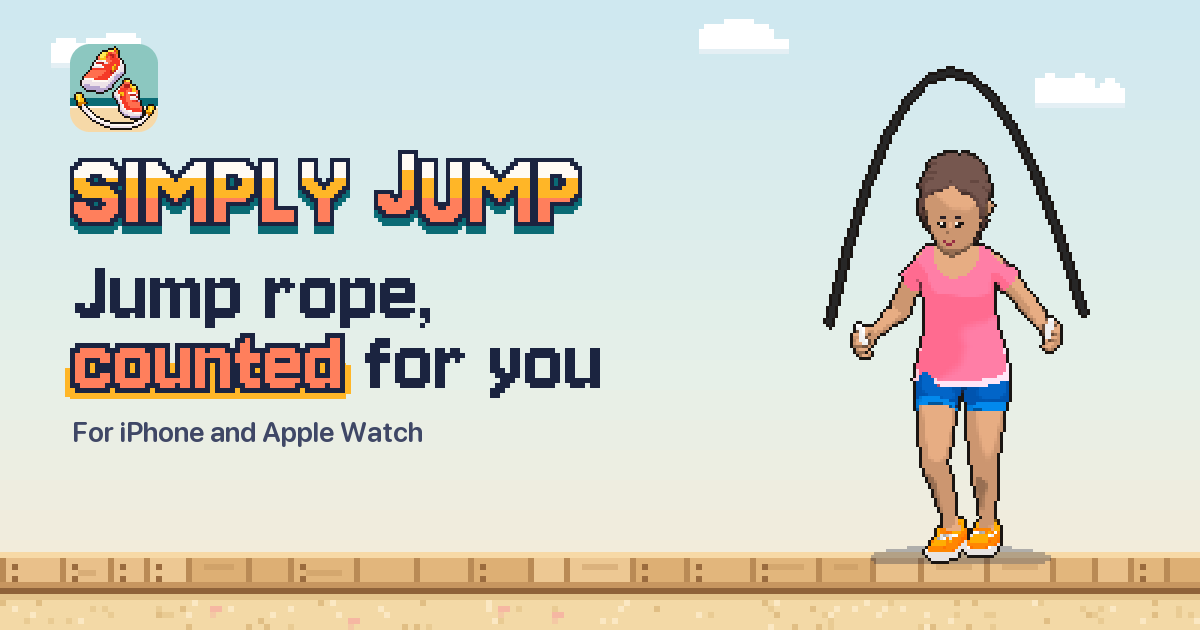 Simply Jump banner: the wordmark, Jump rope, counted for you, and the pixel character on a boardwalk