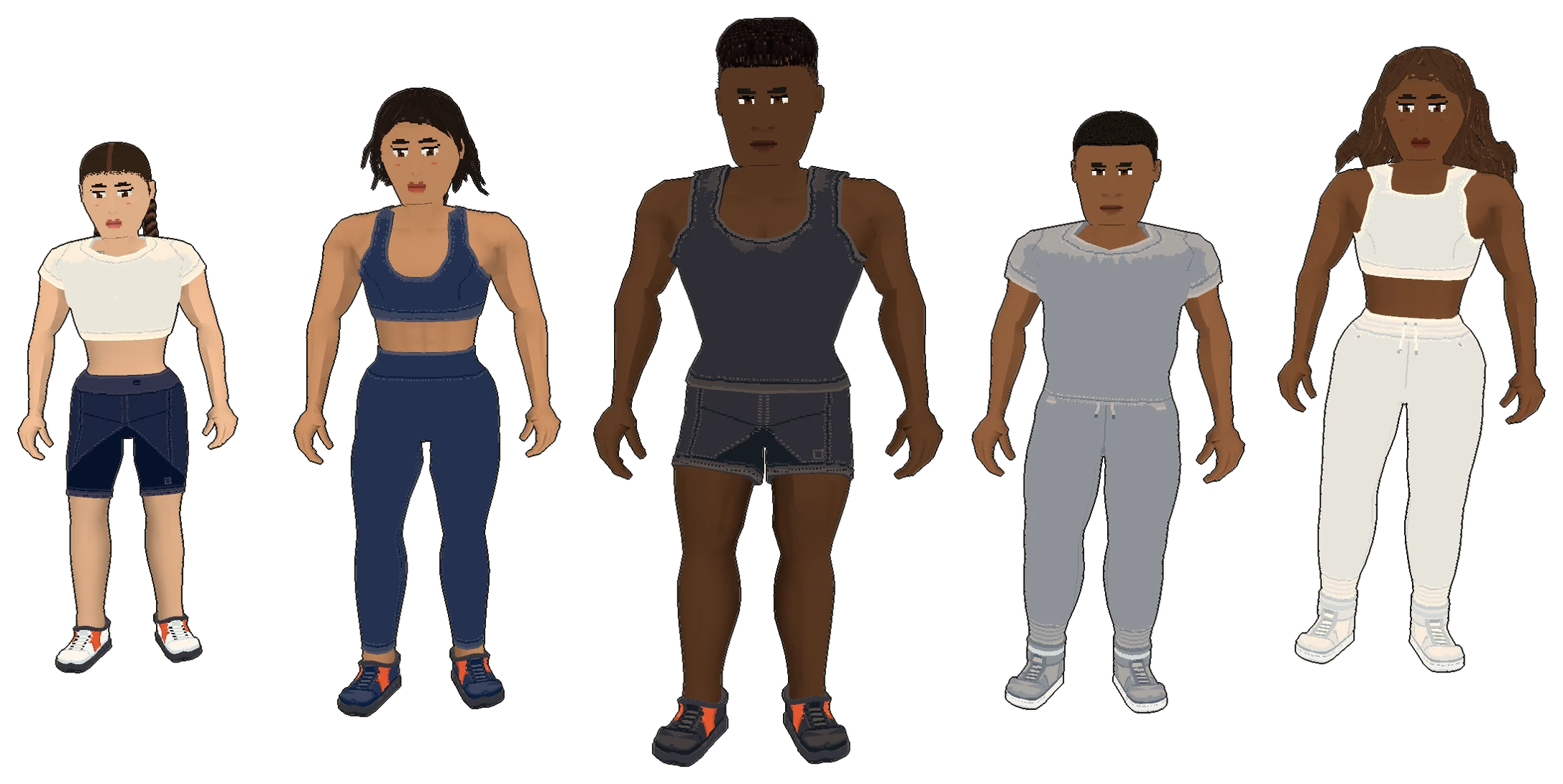 Five Phyziq characters with different body types, heights, skin tones, hair and clothes