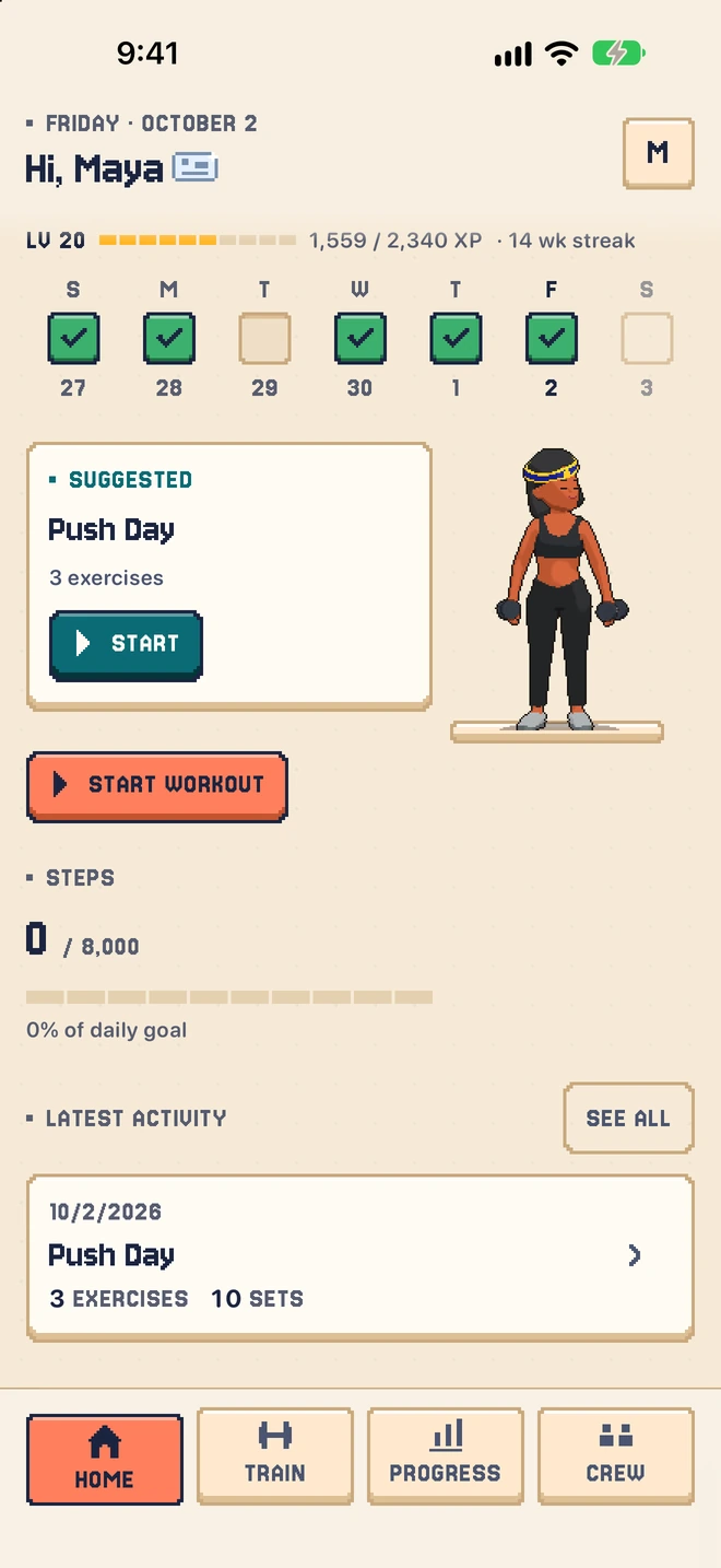 Phyziq home screen with a training character, weekly workout progress and recent activity