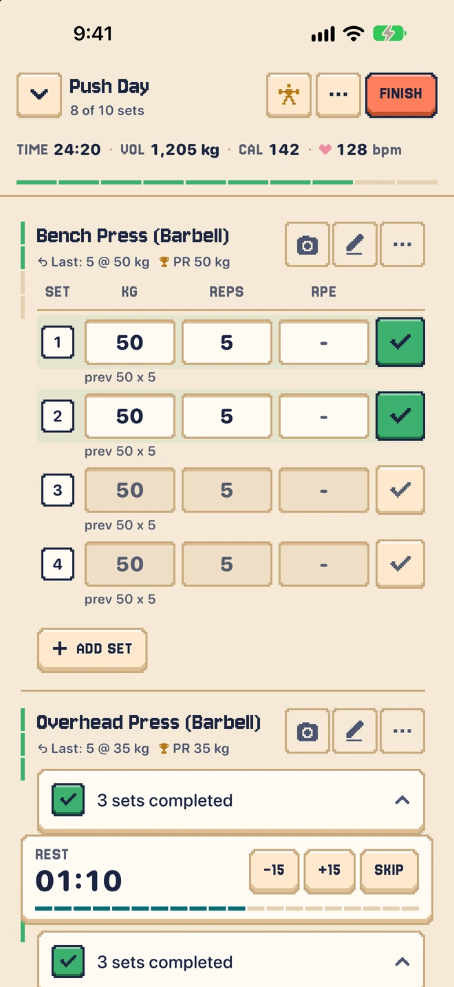 Phyziq live workout with bench press sets, weight, reps and a rest timer