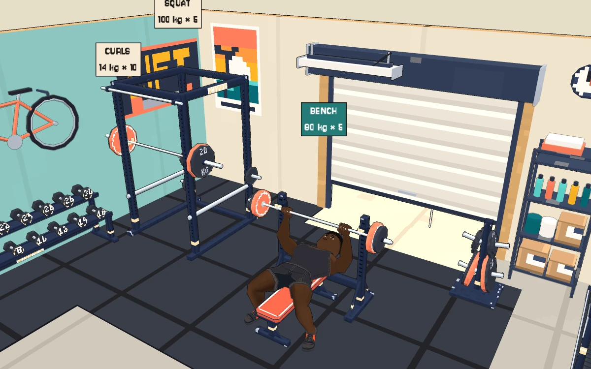 The garage home gym in My Gym, with plaques showing best sets for squat, bench and curls