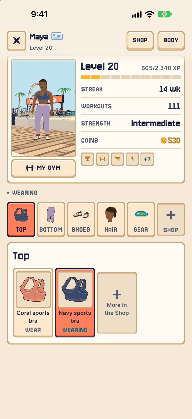 Your character page: level, streak, strength and what you're wearing