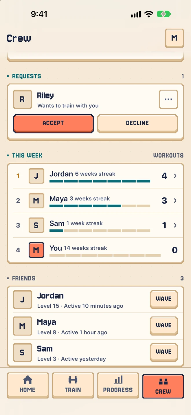 Crew: a friend request, this week's ranking by workouts, and your friends with a Wave button