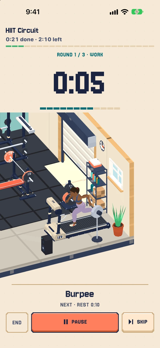 An interval workout: round 1 of 3, a work timer and the next exercise