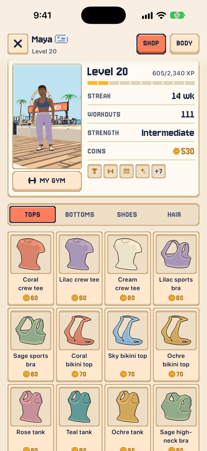 The shop: tops to buy with coins, with tabs for bottoms, shoes and hair