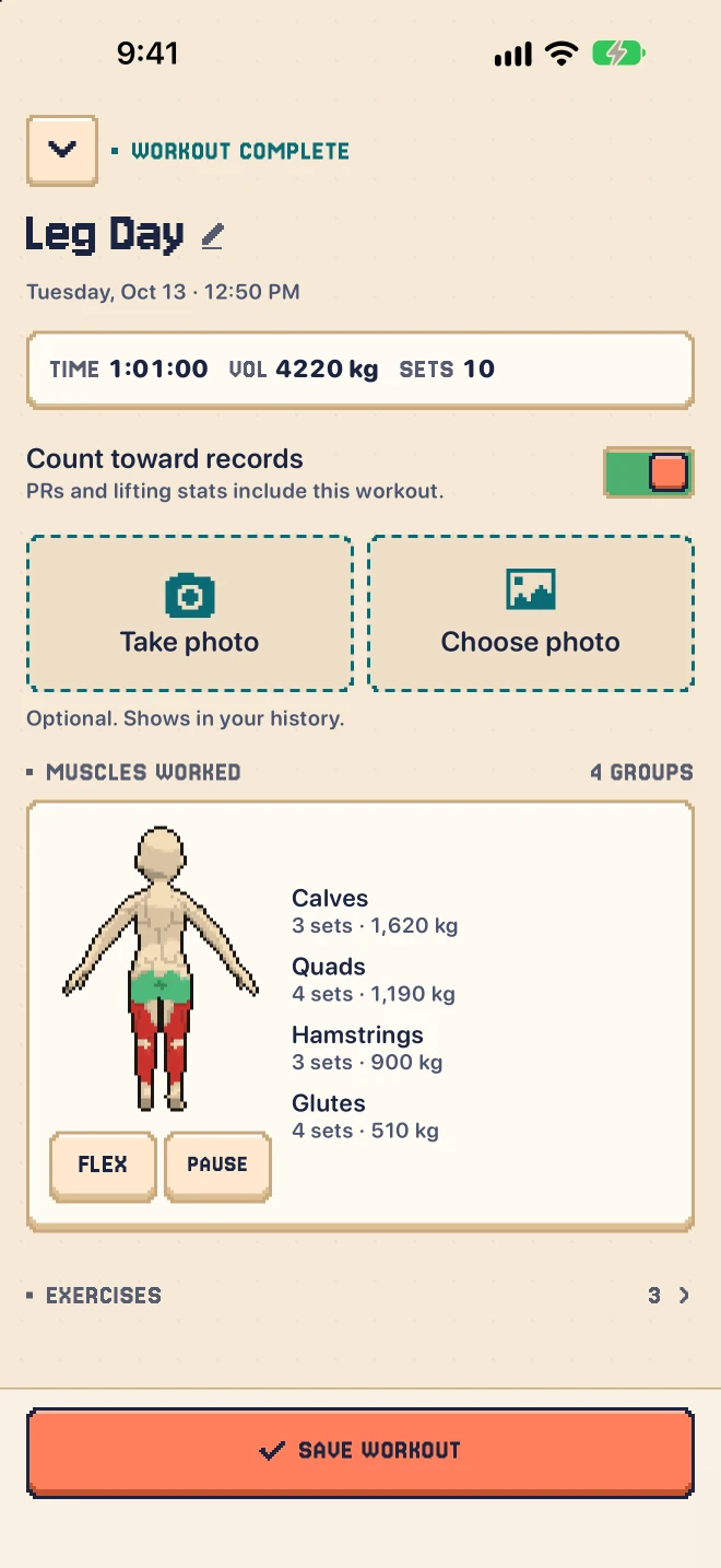 Workout complete: time, volume, sets and the muscles worked