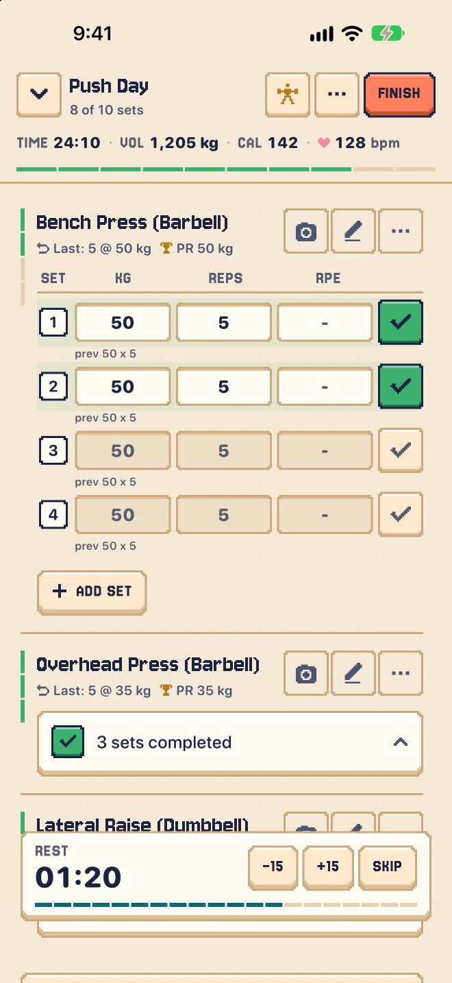 A live workout: bench press sets with last time's numbers, a personal record and a rest timer