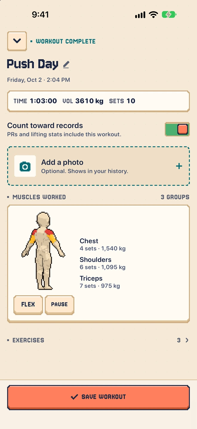 Phyziq workout summary with training volume, personal records and a muscle heatmap