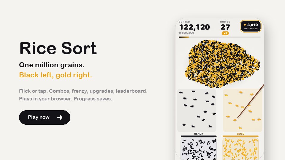 Rice Sort on a phone next to the words one million grains, black left, gold right