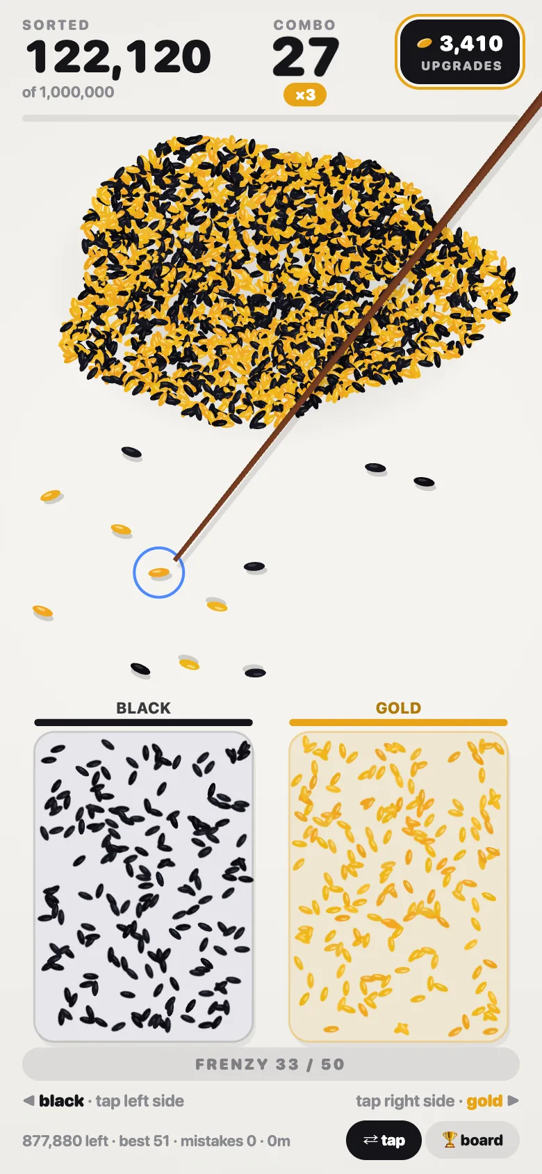 Rice Sort on a phone: a pile of black and gold rice above two trays, with the sorted counter and combo at the top