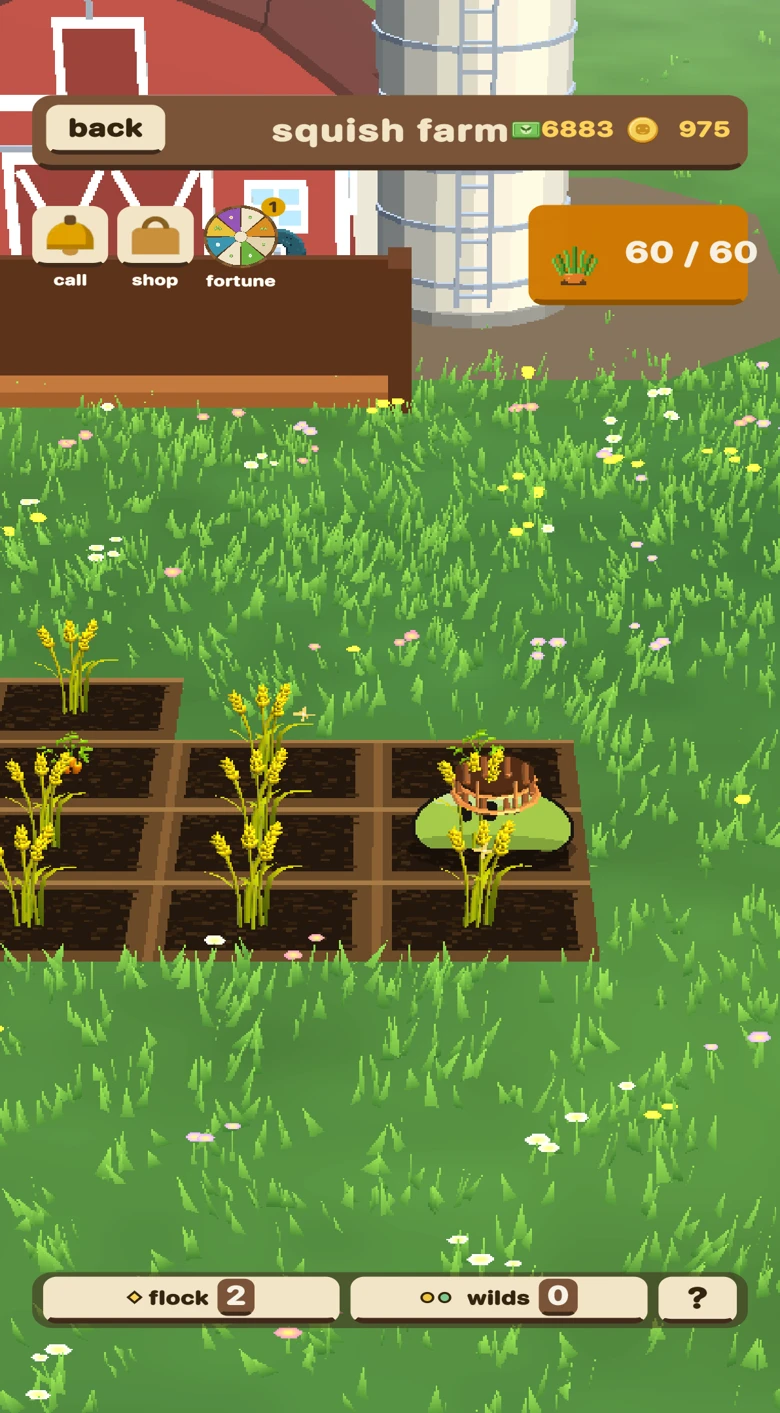 Squishables tending crop beds on a grassy farm beside a red barn