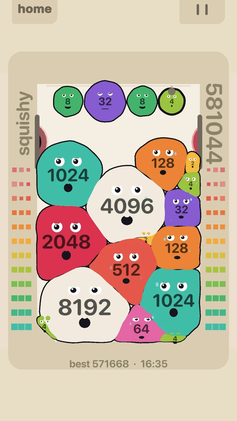 A classic merge puzzle with colorful Squishables stacked up to 8192