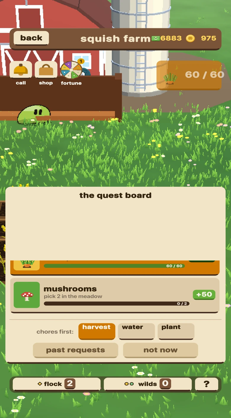 The farm quest board offering a mushroom harvest request for cash