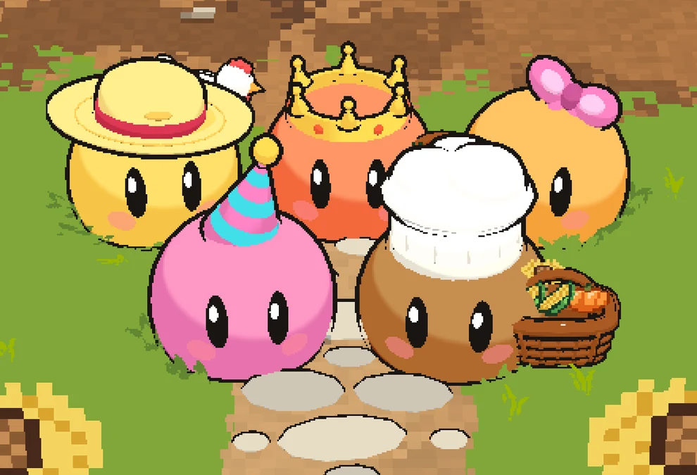 Five Squishables in a straw hat, a crown, a party hat, a chef's hat and a bow, standing on the farm path
