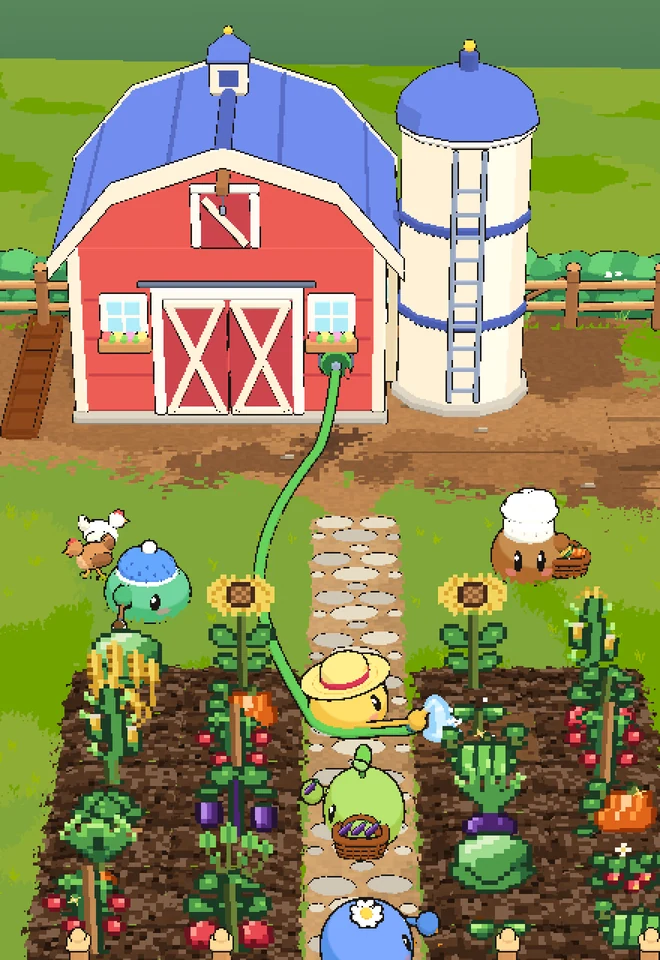 The squish farm: a red barn and silo, and Squishables in hats watering and harvesting the vegetable beds