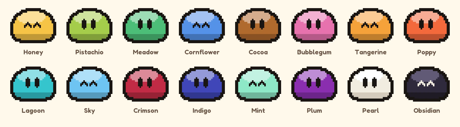 All sixteen Squishable species: Honey, Pistachio, Meadow, Cornflower, Cocoa, Bubblegum, Tangerine, Poppy, Lagoon, Sky, Crimson, Indigo, Mint, Plum, Pearl and Obsidian