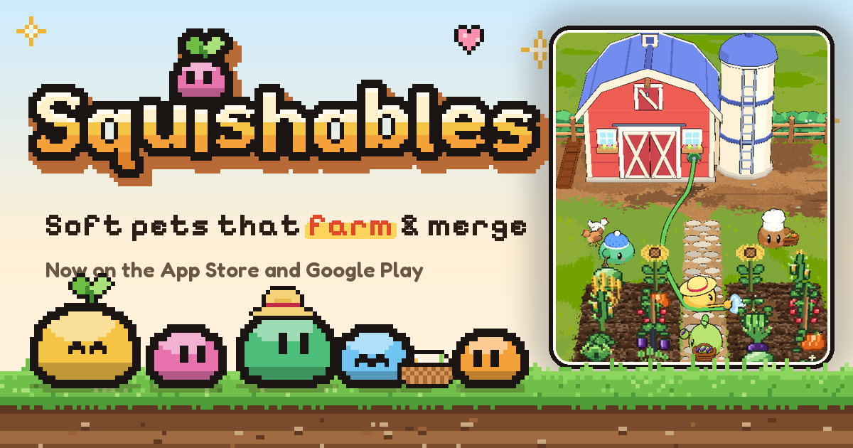 Squishables banner: soft pets that farm and merge