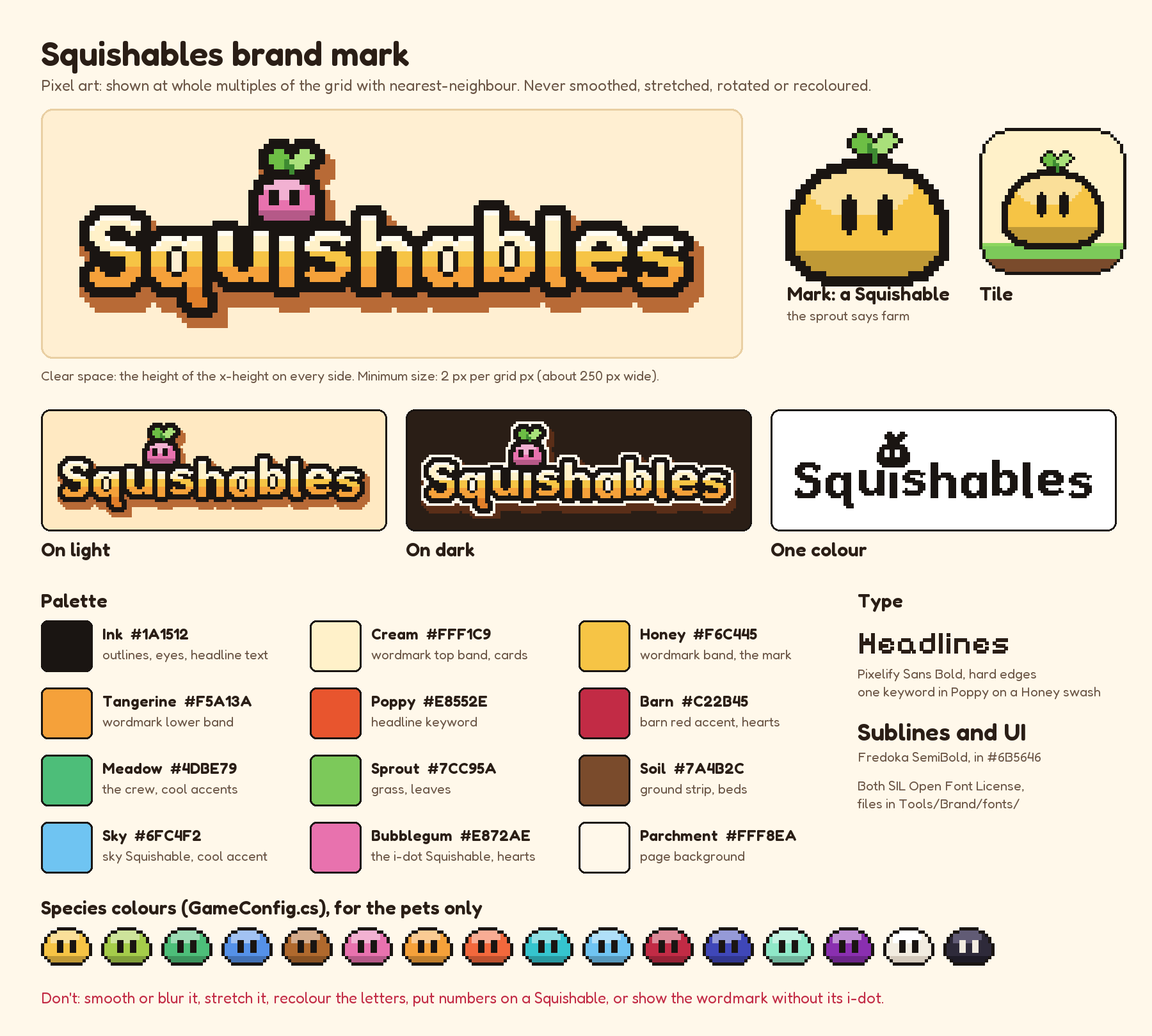 Squishables brand guide: wordmark, palette, fonts and pixel rules