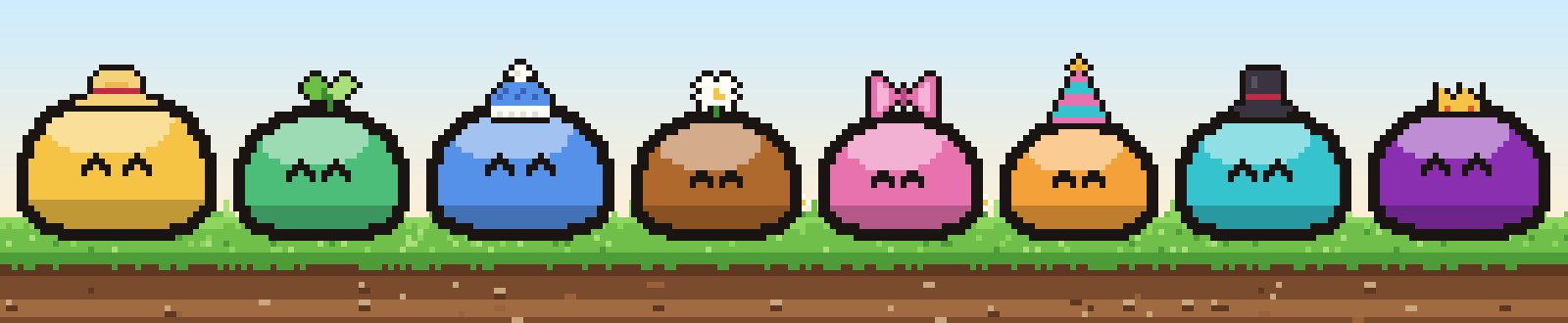 Eight hatted Squishables on a grass strip