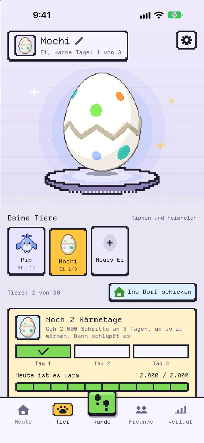 Neues Ei im Tier-Tab, 1 von 3 warmen Tagen, mit Sammlung der Rundenfunde