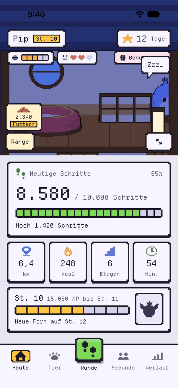 Heute: Pip zu Hause mit Schritten, Strecke, Kalorien, Etagen und Minuten