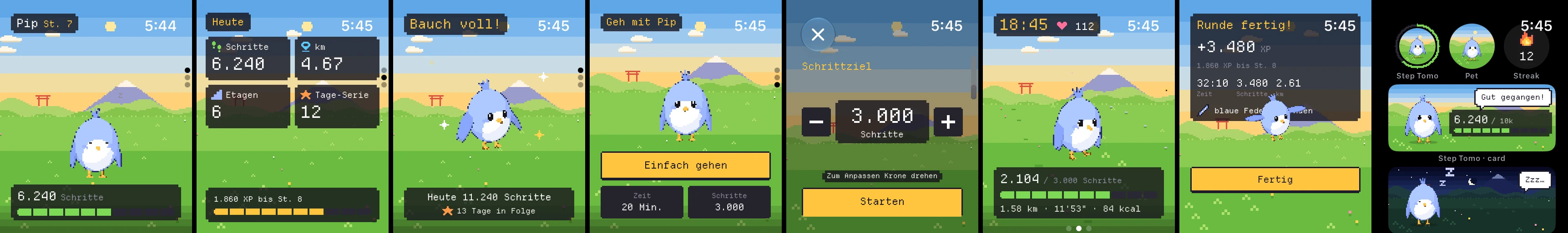 Apple-Watch-Bildschirme: Zuhause, Heute, voller Bauch, Rundenstart, Schrittziel, Gehen mit Herzfrequenz, Runde beendet und Komplikationen