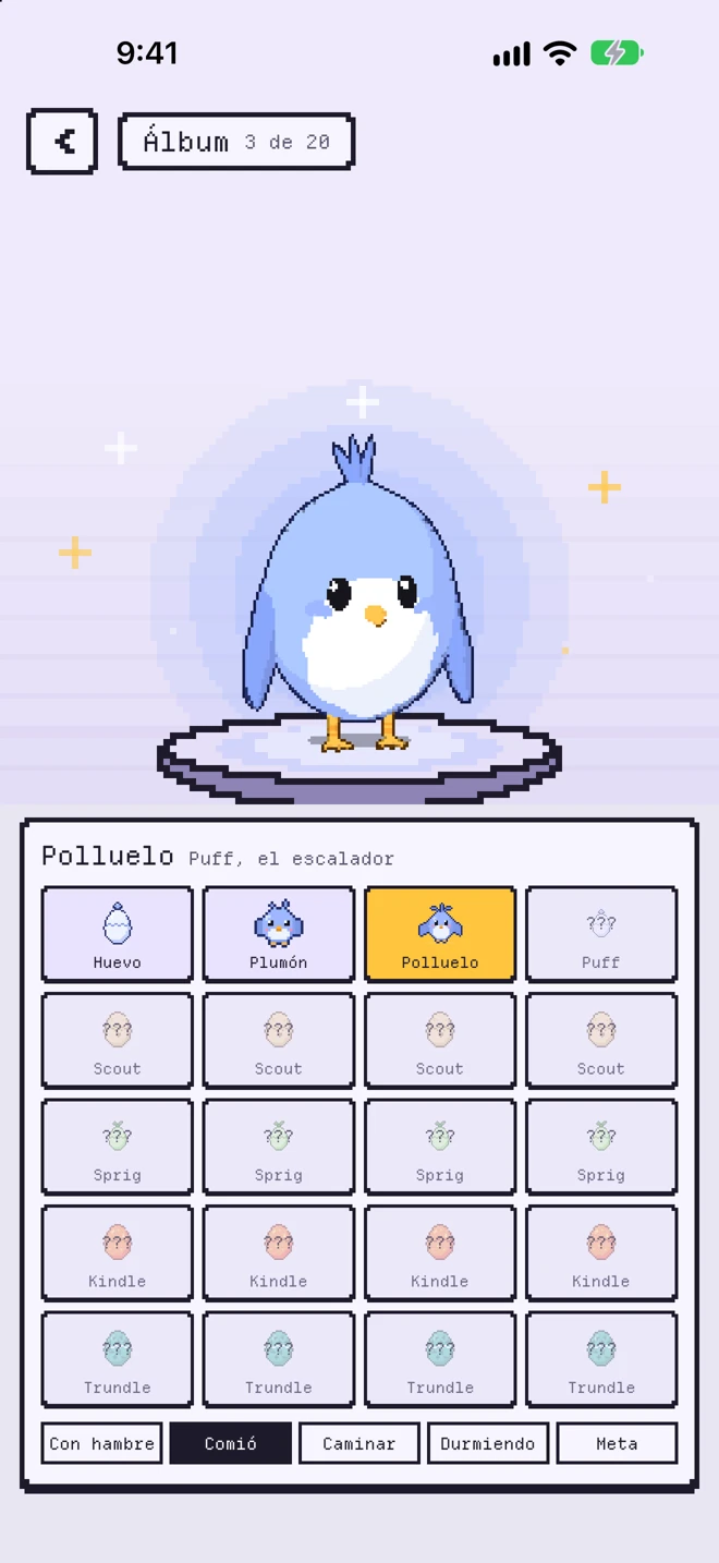 El Álbum: todas las mascotas y etapas, con Puff el Polluelo en 3D