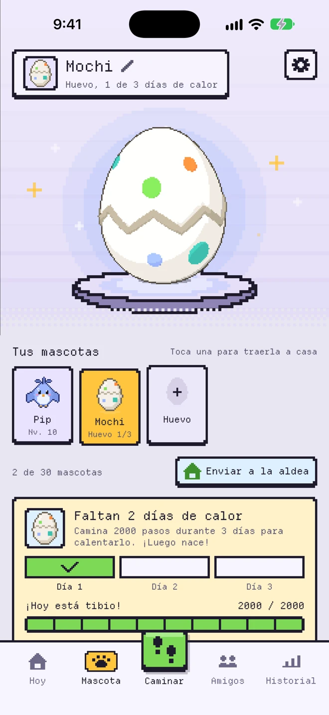 El huevo blanco Mochi en la pestaña Mascota, con 1 de 3 días de calor y la colección de hallazgos del paseo