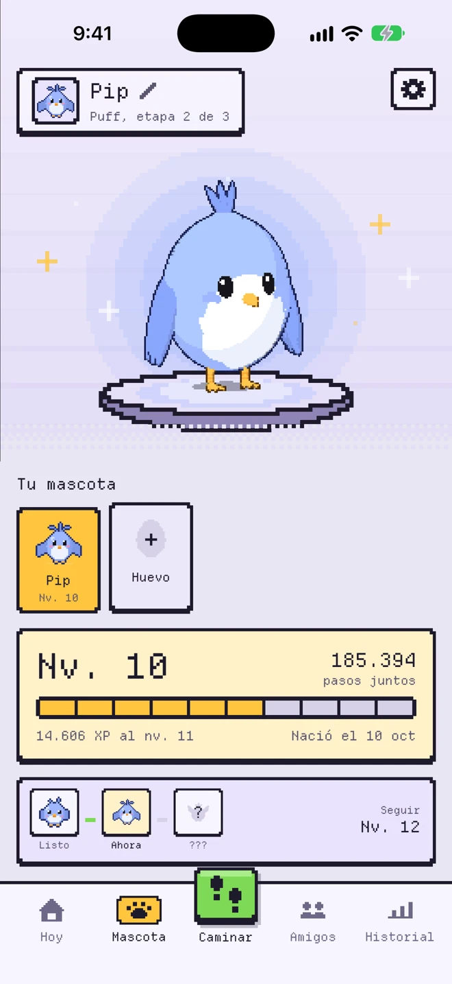 Pestaña Mascota: Pip el Polluelo, con su nivel y el total de pasos que llevas con él