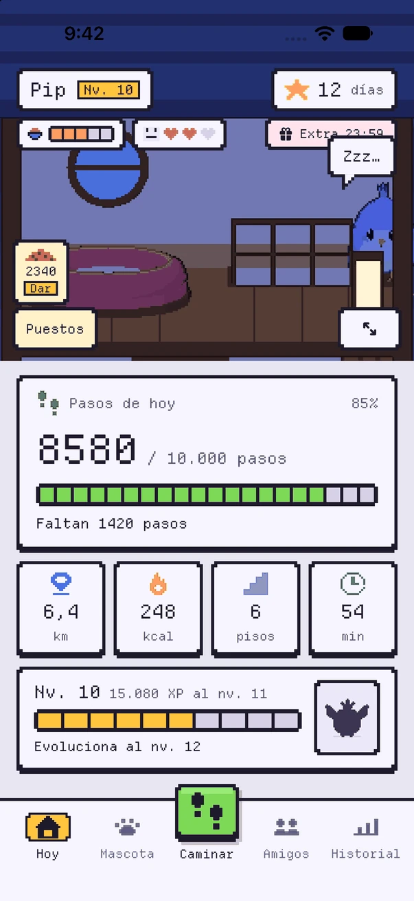 Pantalla Hoy: Pip en casa, pasos, distancia, calorías, pisos y minutos