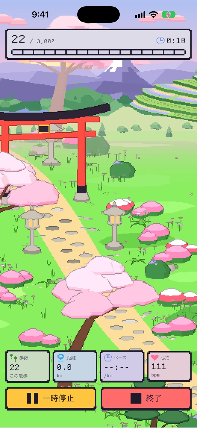 鳥居の下をピップと歩いている画面
