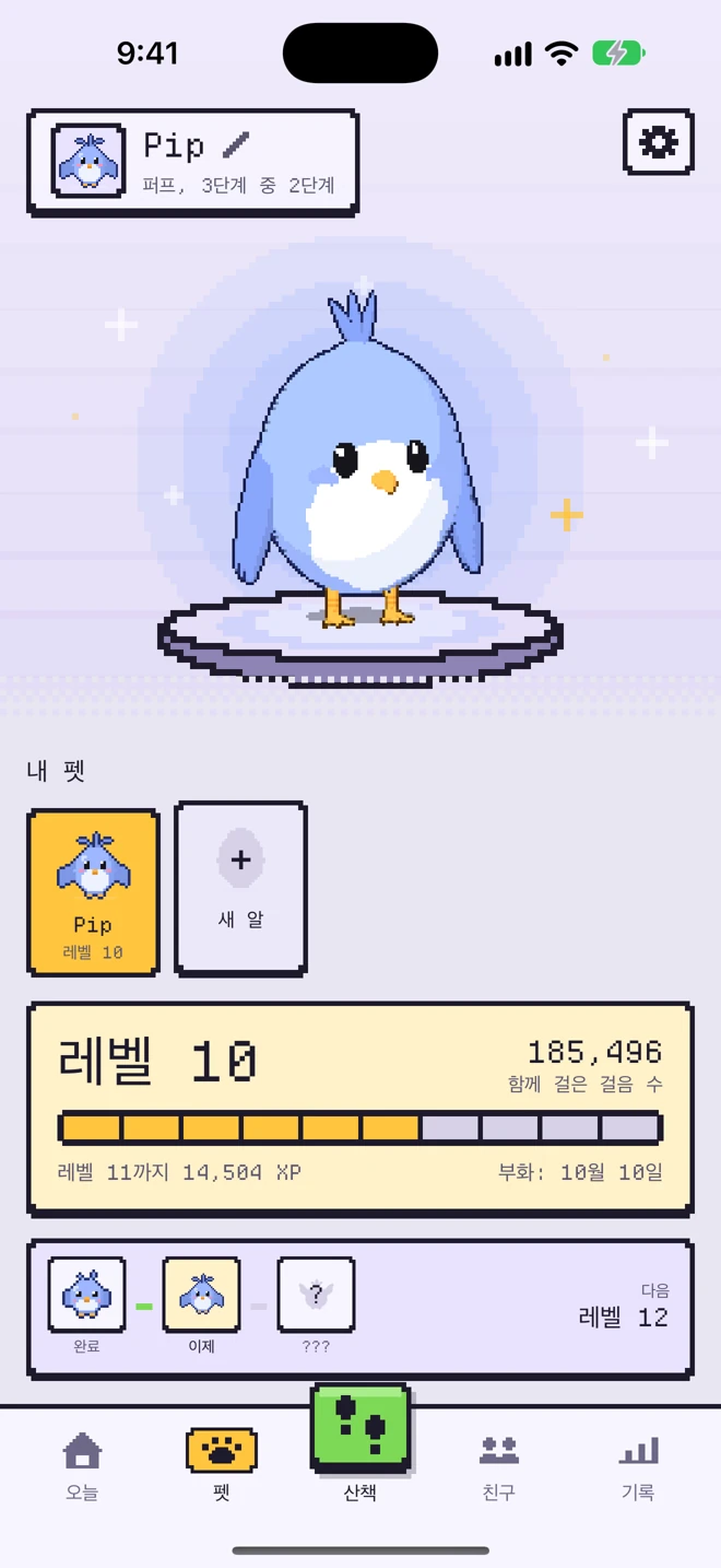 펫 화면: 레벨 10의 아기 새 피프