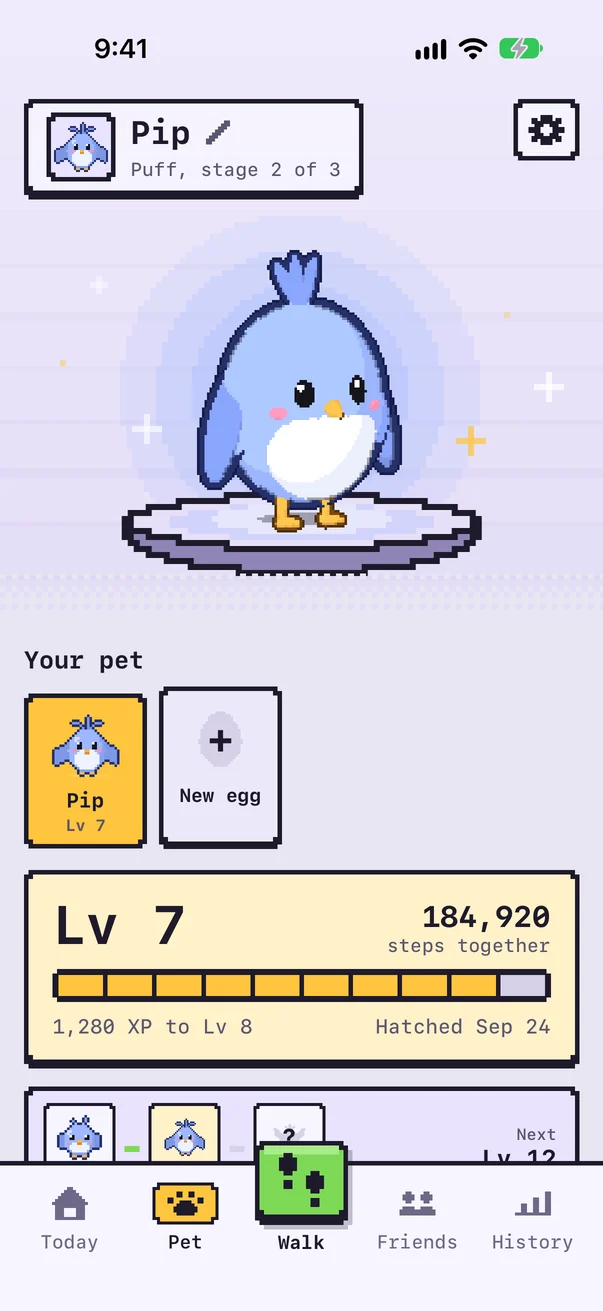 Pet tab: Pip the Fledgling, level 7, 184,920 steps together