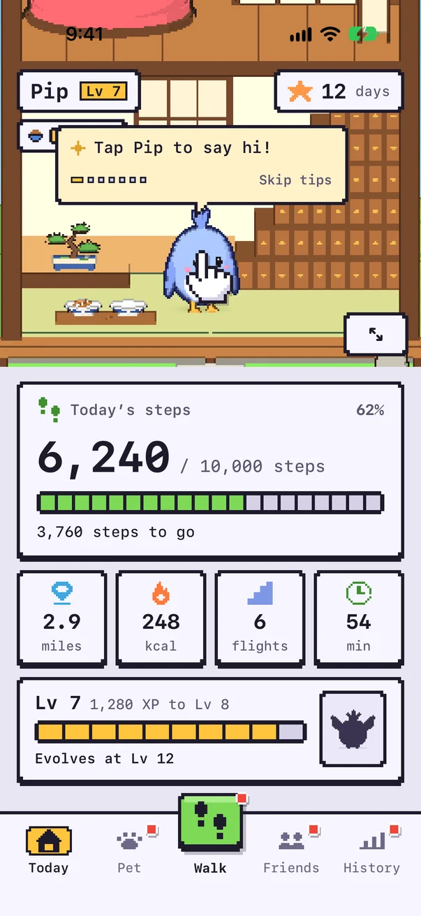 Today screen: Pip at home, 6,240 of 10,000 steps, miles, calories, flights and minutes