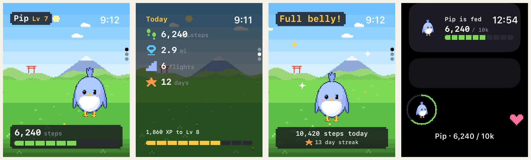 Apple Watch screens: home, today, full belly, walk start, step goal, walking with heart rate, walk done, and complications
