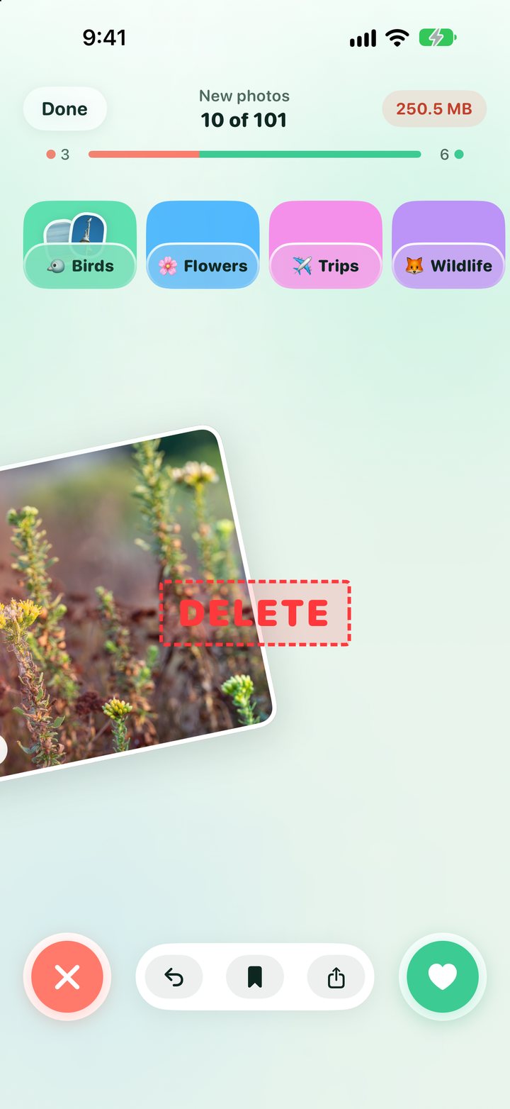 Tidy Cam sorting new photos: a flower photo swiped left with a red Delete stamp, album pockets for Birds, Flowers, Trips and Wildlife above it