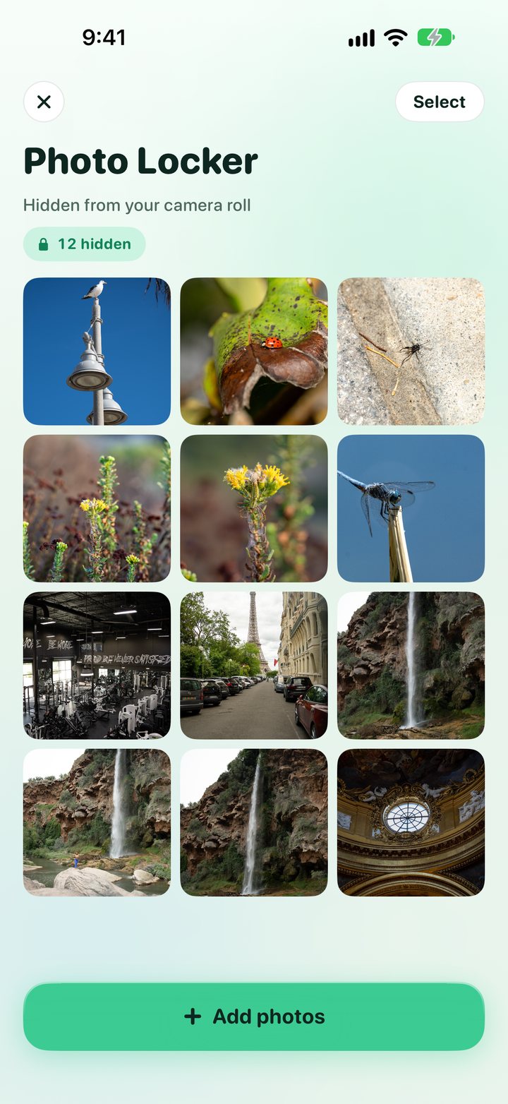The Photo Locker: a grid of hidden photos with an Add photos button