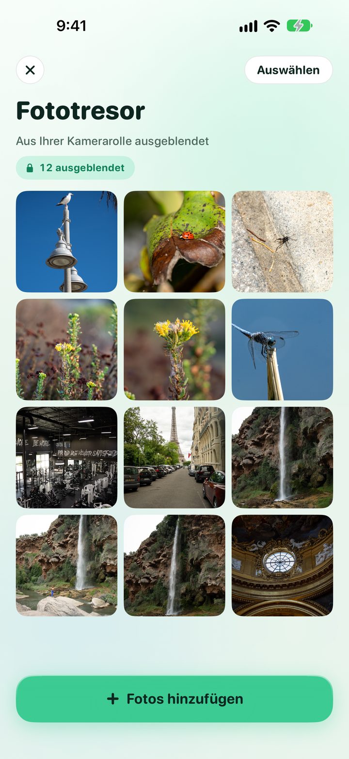 Der Fototresor: ein Raster ausgeblendeter Fotos mit der Taste Fotos hinzufügen