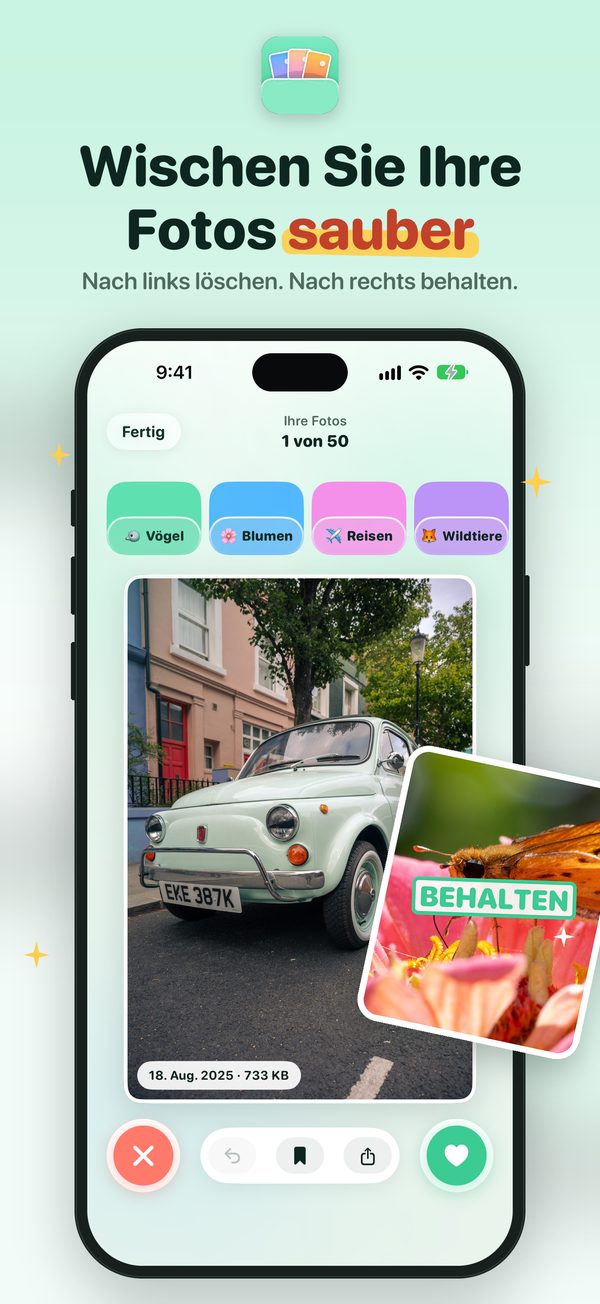 Bringe deine Kamerarolle in Ordnung. Nach links löschen, nach rechts behalten.