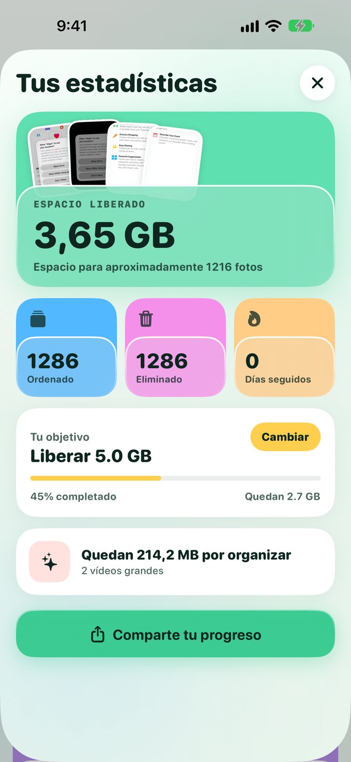 Tus estadísticas: espacio liberado, fotos ordenadas y eliminadas, días seguidos de limpieza y objetivo de espacio