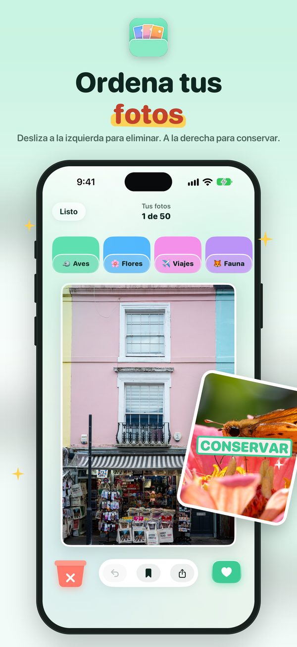 Ordena tu fototeca deslizando. Izquierda para eliminar, derecha para conservar.