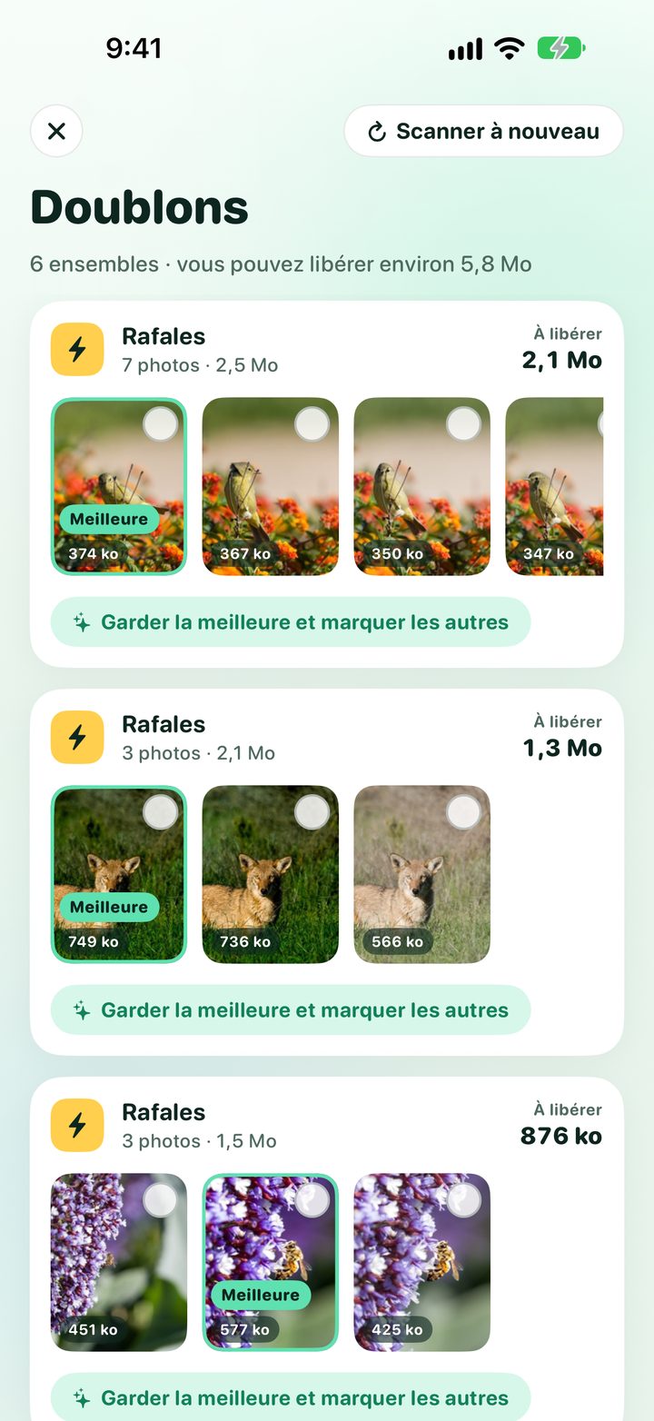 Doublons : groupes de rafales avec la meilleure photo signalée et l’espace récupérable